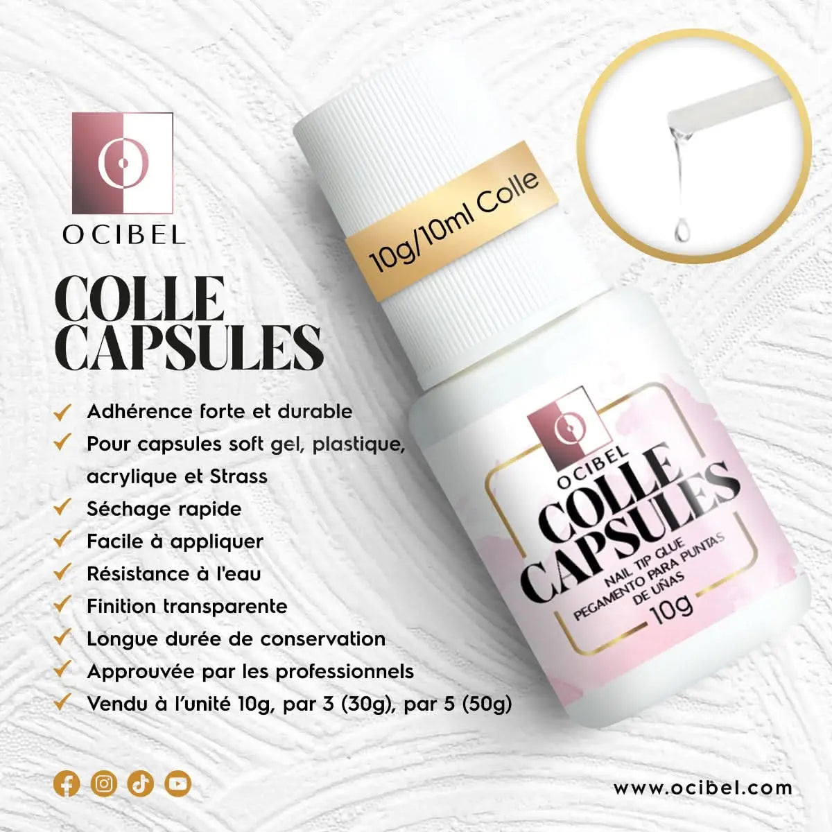 5 Colles Extra Forte pour Faux Ongles 5x10g = 50g (50ml) - Pinceau applicateur pour Capsules en Gel, Plastique, Acrylique et Strass OCIBEL