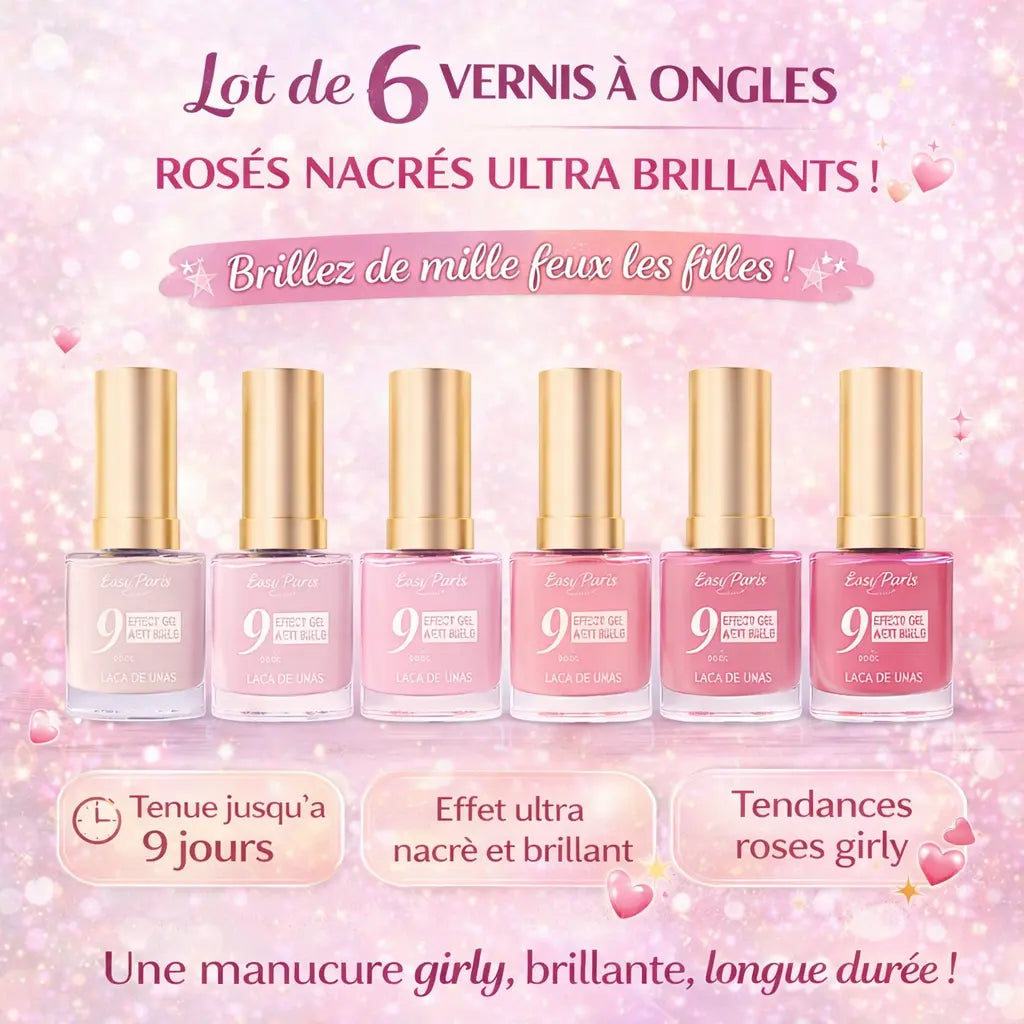 Lot de 6 Vernis à Ongles Nacrés Rose Nacré – Effet Brillant, Couleur Naturelle Tendance, Séchage à l’Air, Tenue jusqu’à 9 Jours, 13ml