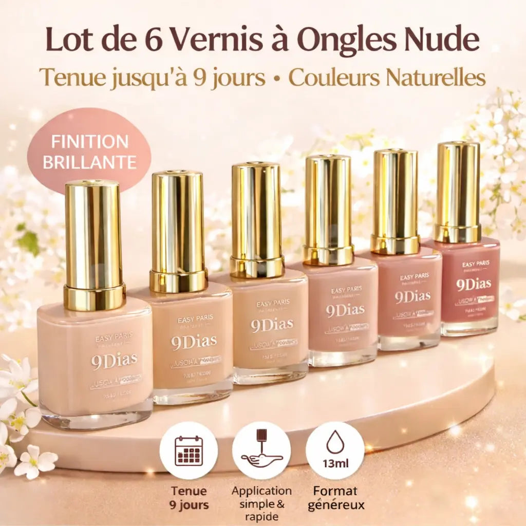 Lot de 6 Vernis à Ongles Nude – Couleurs Naturelles Tendance – Finition Brillante – Tenue Jusqu’à 9 Jours – Séchage à l’Air – 13ml