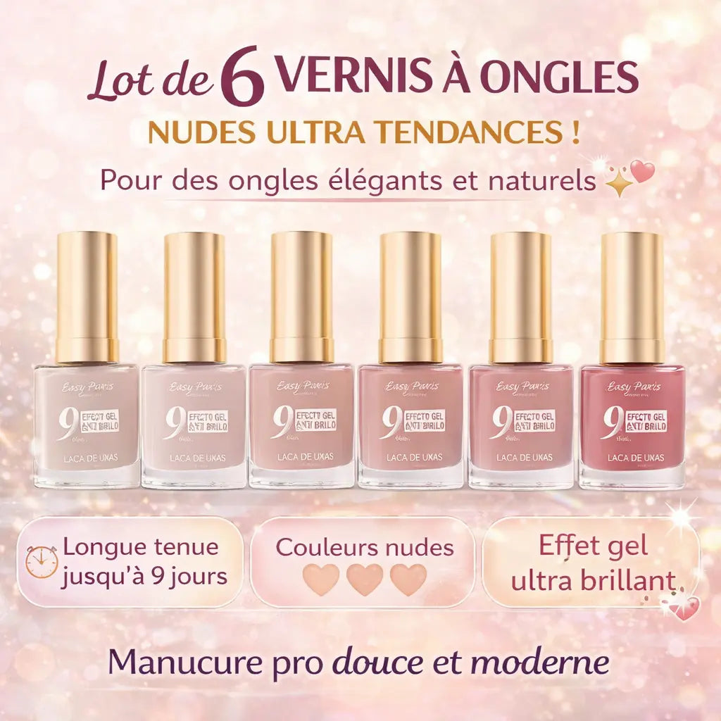 Lot de 6 Vernis à Ongles Nude – Couleurs Naturelles Tendance – Finition Brillante – Tenue Jusqu’à 9 Jours – Séchage à l’Air – 13ml
