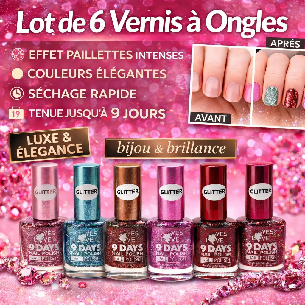 Lot de 6 vernis à ongles glitter – paillettes intenses rose, argent et turquoise – effet brillant extrême – séchage rapide – tenue 9 jours – 13 ml