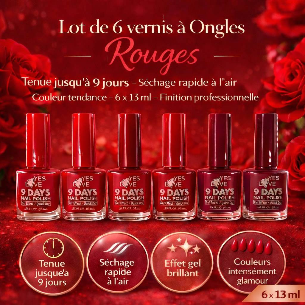 Lot de 6 vernis à ongles rouges effet gel brillant – Tenue jusqu’à 9 jours – Séchage rapide à l’air – Couleurs rouges intenses et glamour – 6 x 13 ml – Finition professionnelle OCIBEL