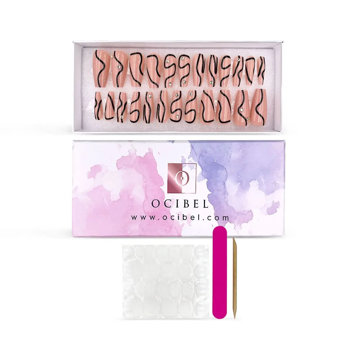 Press On Nails Faux Ongles Réutilisables - Medium Coffin Nude Strass OCIBEL