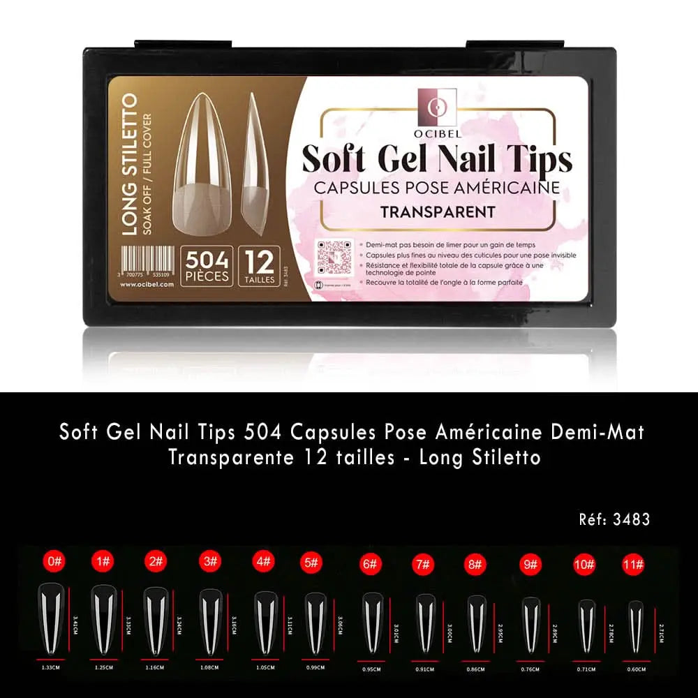 Soft Gel Nail Tips 504 Capsules Pose Américaine Demi-Mat Transparente 12 tailles - Long Stiletto OCIBEL