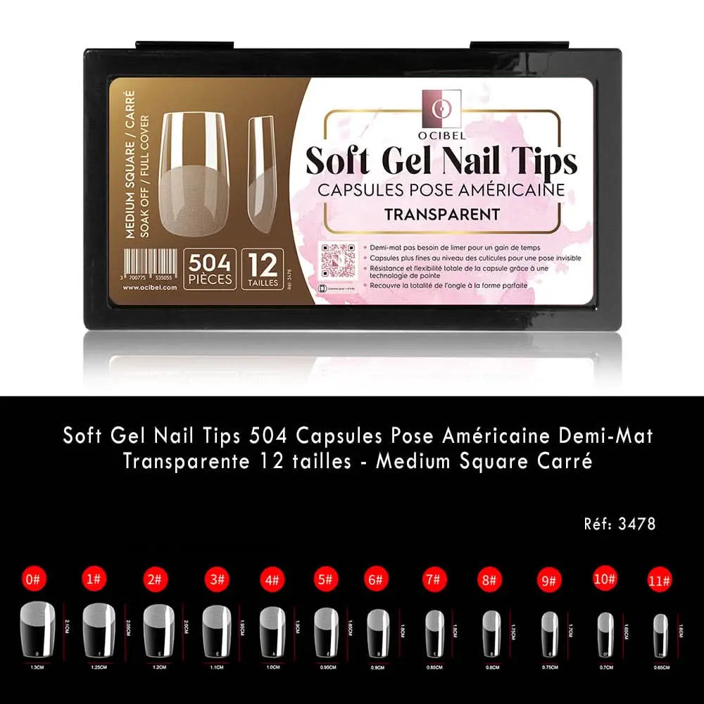 Soft Gel Nail Tips 504 Capsules Pose Américaine Demi-Mat Transparente 12 tailles - Medium Square Carré OCIBEL