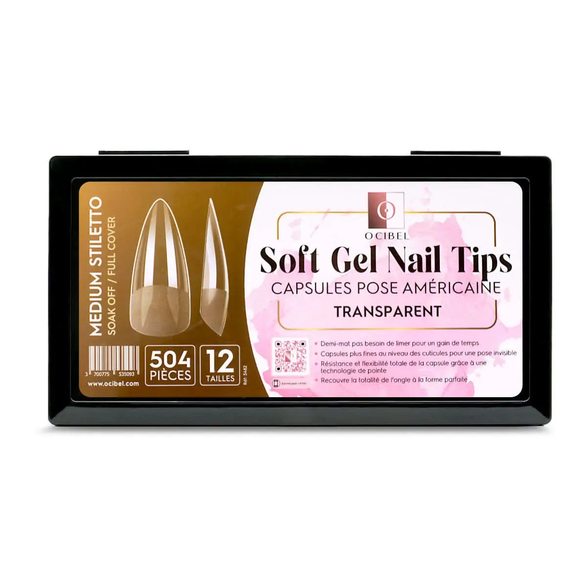 Soft Gel Nail Tips 504 Capsules Pose Américaine Demi-Mat Transparente 12 tailles - Medium Stiletto OCIBEL