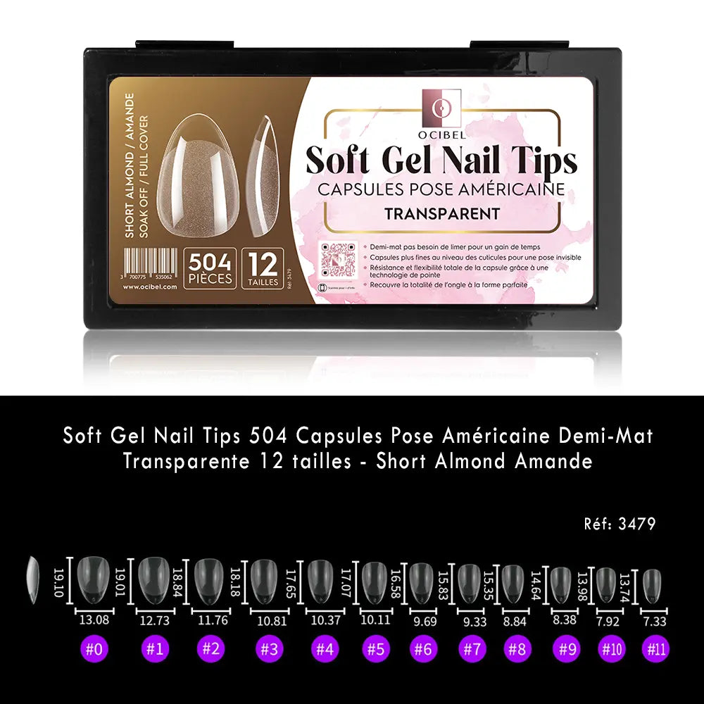 Soft Gel Nail Tips 504 Capsules Pose Américaine Demi-Mat Transparente 12 tailles - Short Almond Amande OCIBEL
