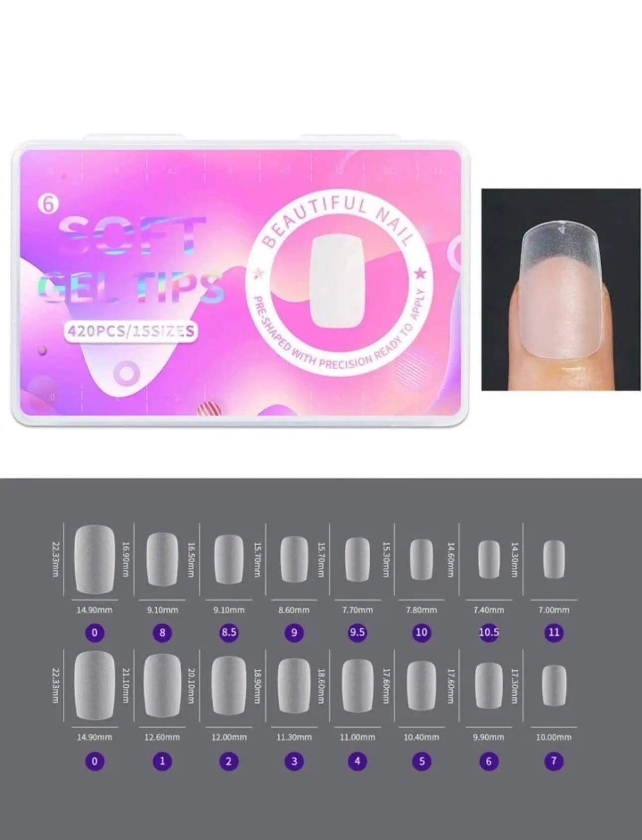 Boite de 420 Soft Gel Tips Square M pour Ongles - 15 Tailles – Mat OCIBEL