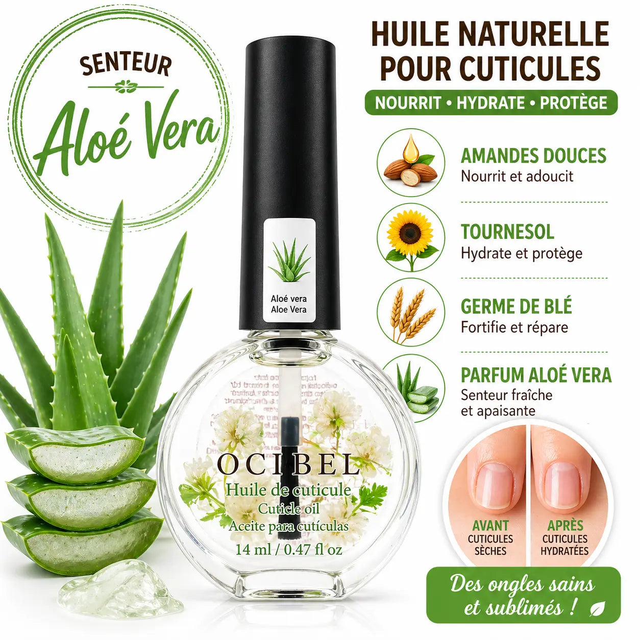 Huile pour Cuticules Senteur Aloe Vera Premium 14 ml avec Fleurs – Soin Nourrissant et Hydratant pour Ongles – Huiles Naturelles Amande Douce, Tournesol, Germe de Blé – Réparation Cuticules