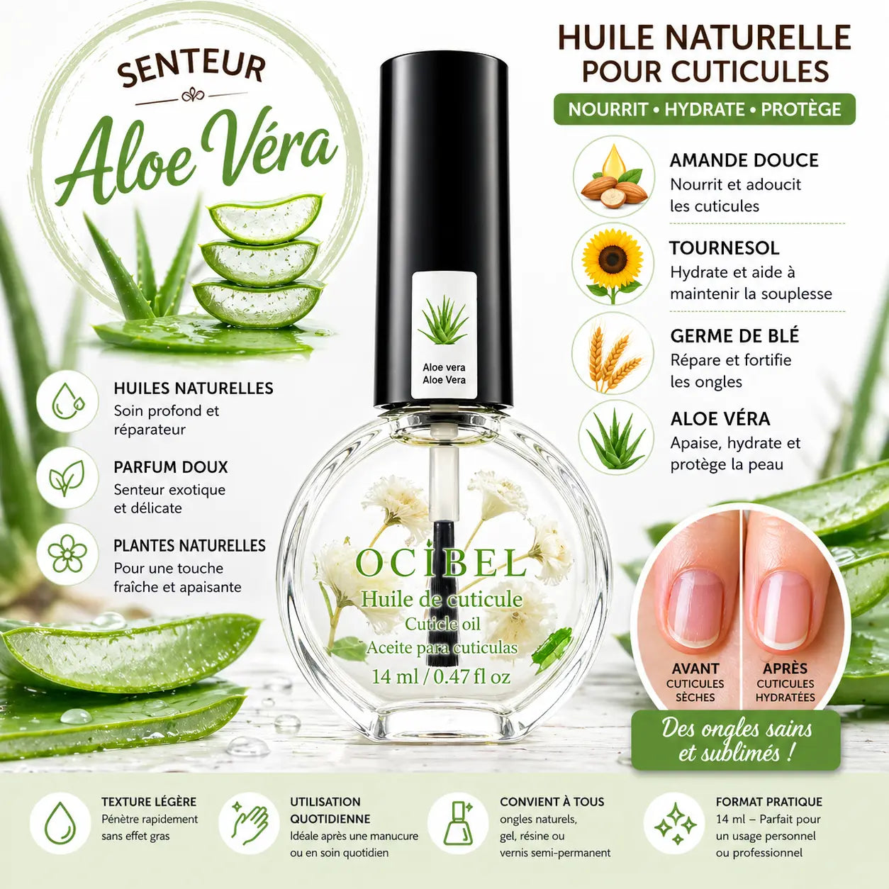 Huile pour Cuticules Senteur Aloe Vera Premium 14 ml avec Fleurs – Soin Nourrissant et Hydratant pour Ongles – Huiles Naturelles Amande Douce, Tournesol, Germe de Blé – Réparation Cuticules