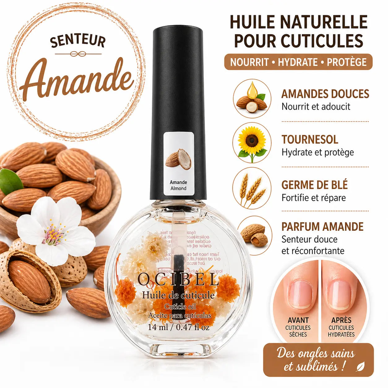 Huile pour Cuticules Senteur Amande Premium 14 ml avec Fleurs – Soin Nourrissant et Hydratant pour Ongles – Huiles Naturelles Amande Douce, Tournesol, Germe de Blé – Réparation Cuticules