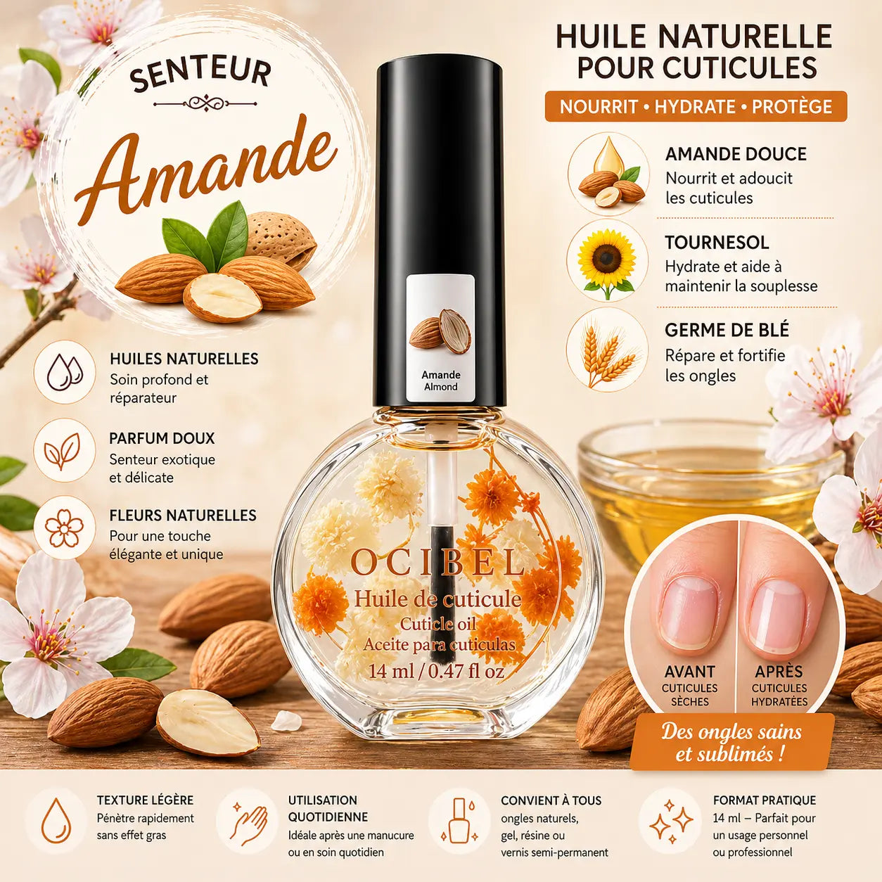 Huile pour Cuticules Senteur Amande Premium 14 ml avec Fleurs – Soin Nourrissant et Hydratant pour Ongles – Huiles Naturelles Amande Douce, Tournesol, Germe de Blé – Réparation Cuticules