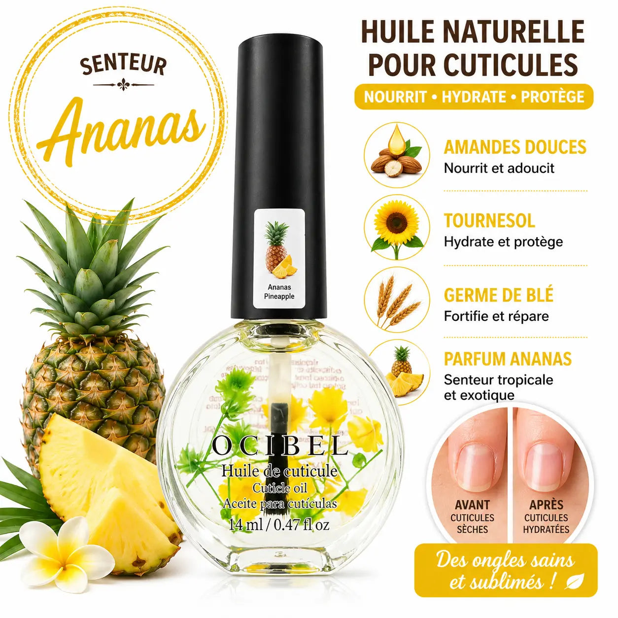 Huile pour Cuticules Senteur Ananas Premium 14 ml avec Fleurs – Soin Nourrissant et Hydratant pour Ongles – Huiles Naturelles Amande Douce, Tournesol, Germe de Blé – Réparation Cuticules