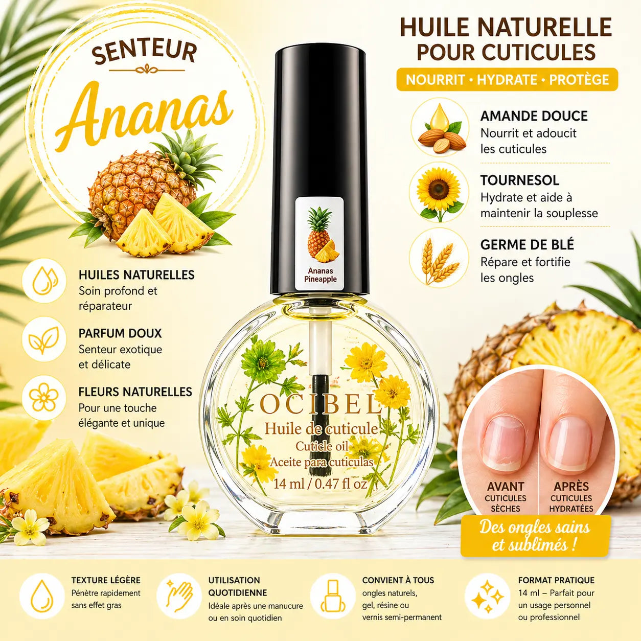 Huile pour Cuticules Senteur Ananas Premium 14 ml avec Fleurs – Soin Nourrissant et Hydratant pour Ongles – Huiles Naturelles Amande Douce, Tournesol, Germe de Blé – Réparation Cuticules