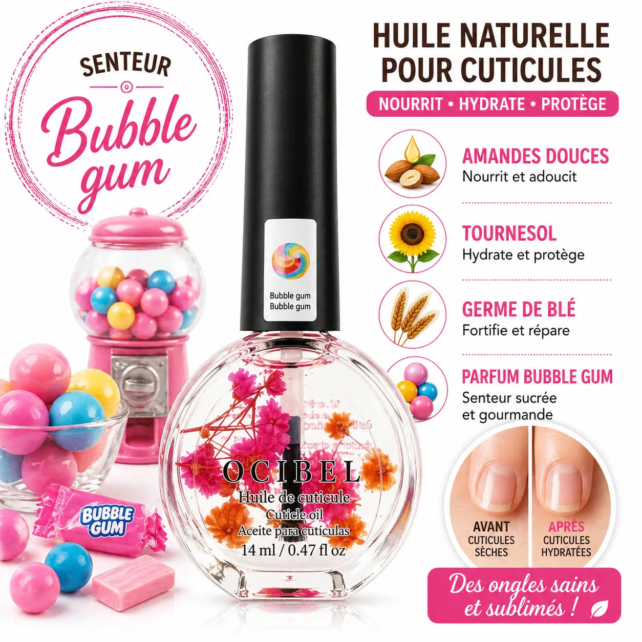 Huile pour Cuticules Senteur Bubble Gum Premium 14 ml avec Fleurs – Soin Nourrissant et Hydratant pour Ongles – Huiles Naturelles Amande Douce, Tournesol, Germe de Blé – Réparation Cuticules