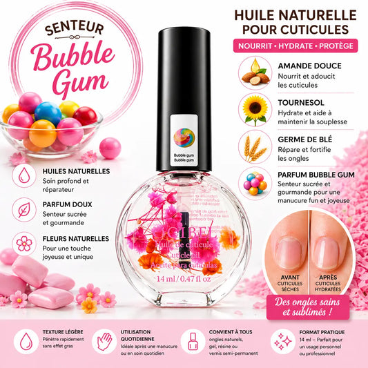 Huile pour Cuticules Senteur Bubble Gum Premium 14 ml avec Fleurs – Soin Nourrissant et Hydratant pour Ongles – Huiles Naturelles Amande Douce, Tournesol, Germe de Blé – Réparation Cuticules