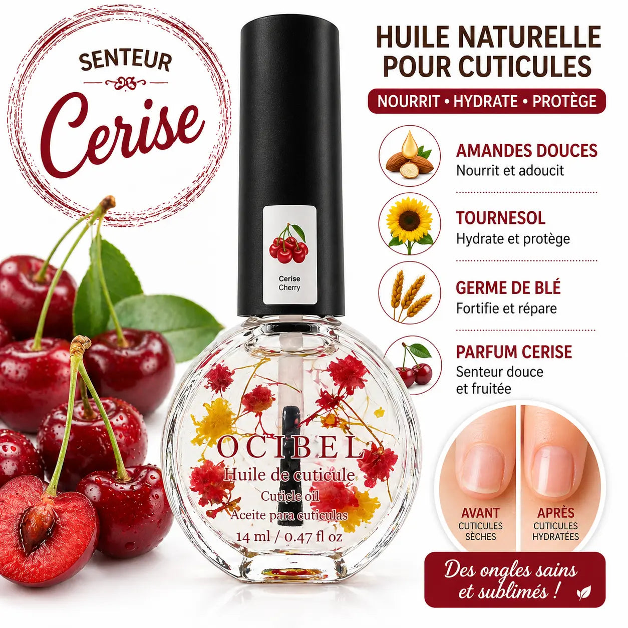 Huile pour Cuticules Senteur Cerise Premium 14 ml avec Fleurs – Soin Nourrissant et Hydratant pour Ongles – Huiles Naturelles Amande Douce, Tournesol, Germe de Blé – Réparation Cuticules