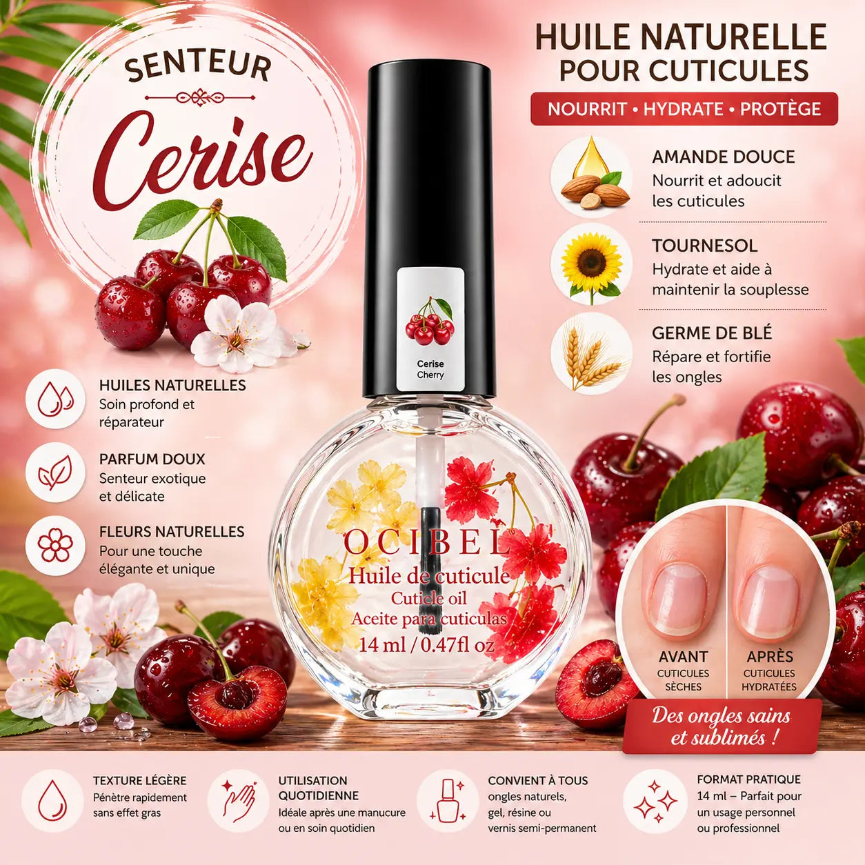 Huile pour Cuticules Senteur Cerise Premium 14 ml avec Fleurs – Soin Nourrissant et Hydratant pour Ongles – Huiles Naturelles Amande Douce, Tournesol, Germe de Blé – Réparation Cuticules