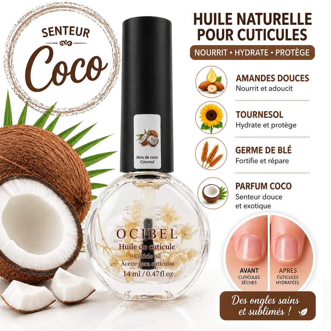 Huile pour Cuticules Senteur Coco Premium 14 ml avec Fleurs – Soin Nourrissant et Hydratant pour Ongles – Huiles Naturelles Amande Douce, Tournesol, Germe de Blé – Réparation Cuticules