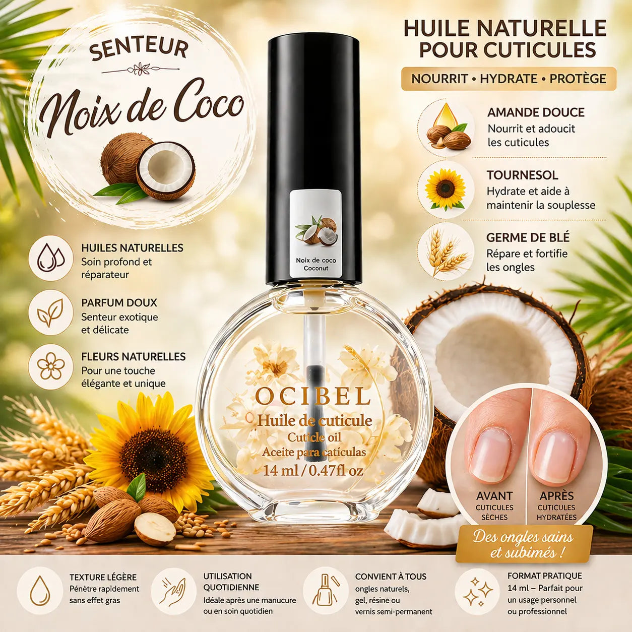 Huile pour Cuticules Senteur Coco Premium 14 ml avec Fleurs – Soin Nourrissant et Hydratant pour Ongles – Huiles Naturelles Amande Douce, Tournesol, Germe de Blé – Réparation Cuticules