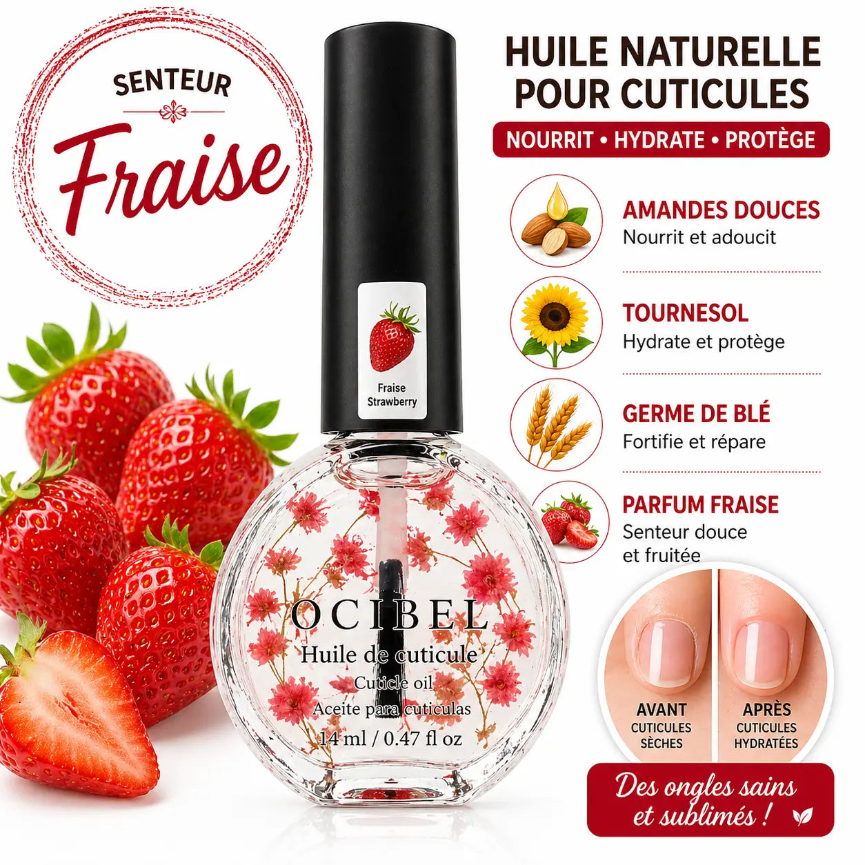 Huile pour Cuticules Senteur Fraise Premium 14 ml avec Fleurs – Soin Nourrissant et Hydratant pour Ongles – Huiles Naturelles Amande Douce, Tournesol, Germe de Blé – Réparation Cuticules