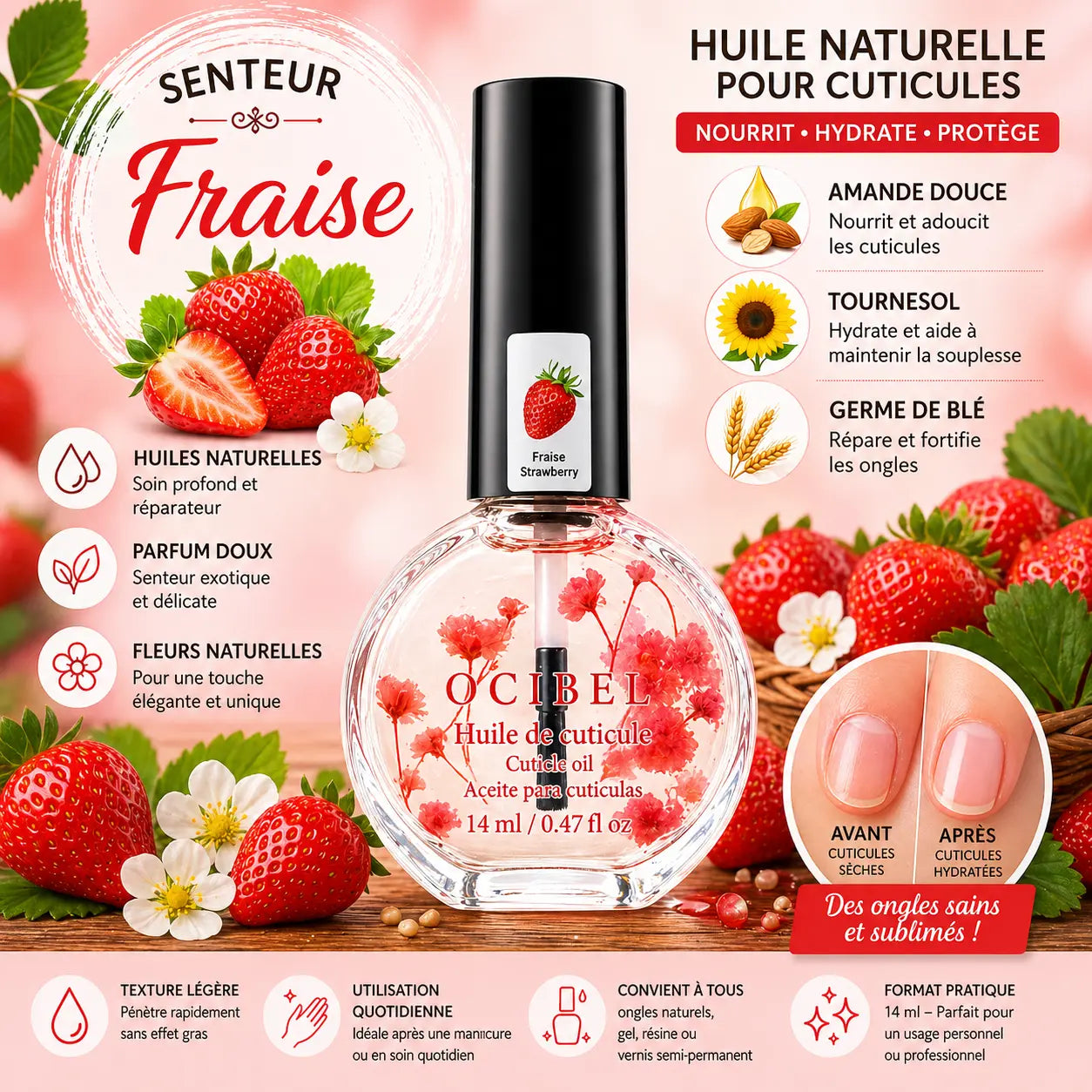 Huile pour Cuticules Senteur Fraise Premium 14 ml avec Fleurs – Soin Nourrissant et Hydratant pour Ongles – Huiles Naturelles Amande Douce, Tournesol, Germe de Blé – Réparation Cuticules