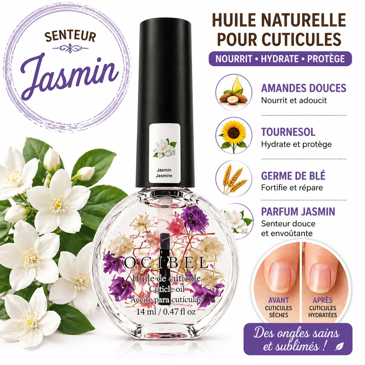 Huile pour Cuticules Senteur Jasmin Premium 14 ml avec Fleurs – Soin Nourrissant et Hydratant pour Ongles – Huiles Naturelles Amande Douce, Tournesol, Germe de Blé – Réparation Cuticules