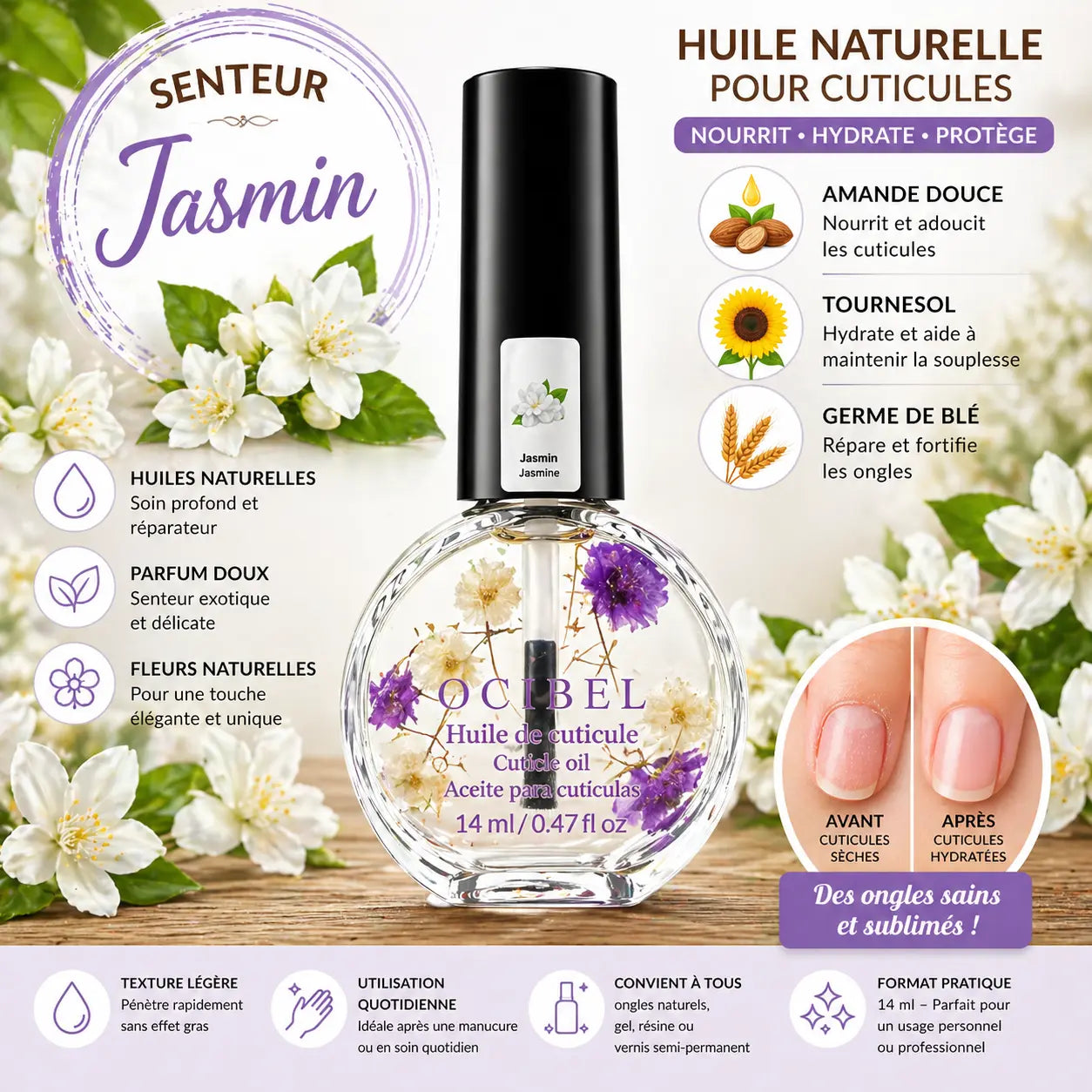 Huile pour Cuticules Senteur Jasmin Premium 14 ml avec Fleurs – Soin Nourrissant et Hydratant pour Ongles – Huiles Naturelles Amande Douce, Tournesol, Germe de Blé – Réparation Cuticules
