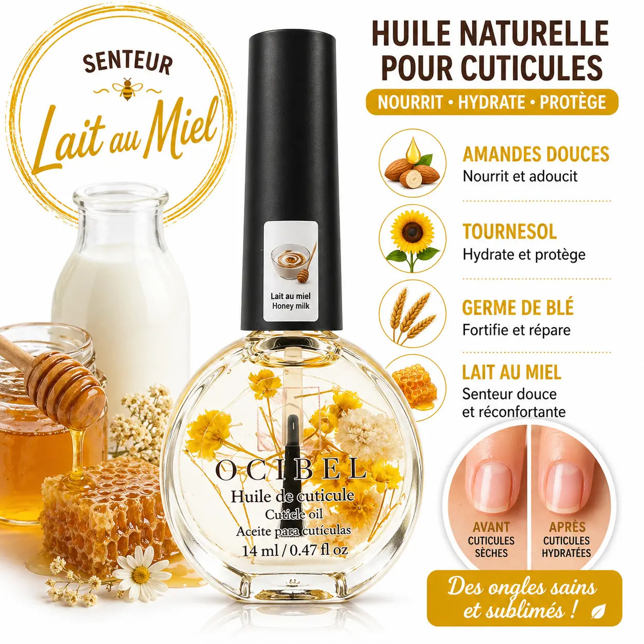 Huile pour Cuticules Senteur Lait au Miel Premium 14 ml avec Fleurs – Soin Nourrissant et Hydratant pour Ongles – Huiles Naturelles Amande Douce, Tournesol, Germe de Blé – Réparation Cuticules