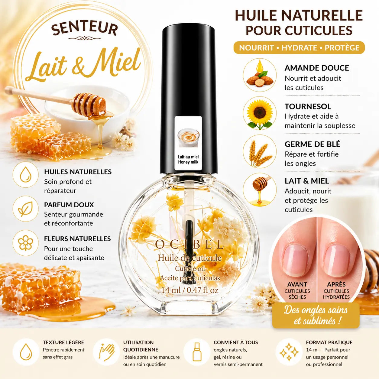 Huile pour Cuticules Senteur Lait au Miel Premium 14 ml avec Fleurs – Soin Nourrissant et Hydratant pour Ongles – Huiles Naturelles Amande Douce, Tournesol, Germe de Blé – Réparation Cuticules