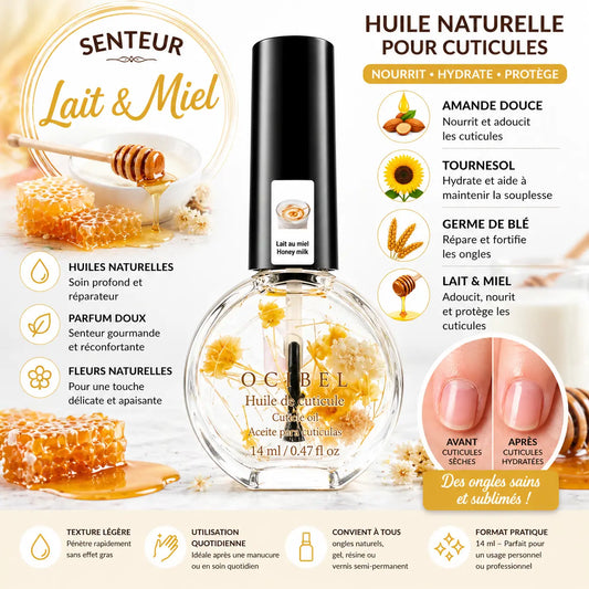 Huile pour Cuticules Senteur Lait au Miel Premium 14 ml avec Fleurs – Soin Nourrissant et Hydratant pour Ongles – Huiles Naturelles Amande Douce, Tournesol, Germe de Blé – Réparation Cuticules