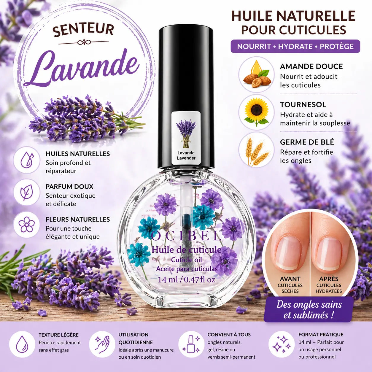 Huile pour Cuticules Senteur Lavande Premium 14 ml avec Fleurs – Soin Nourrissant et Hydratant pour Ongles – Huiles Naturelles Amande Douce, Tournesol, Germe de Blé – Réparation Cuticules