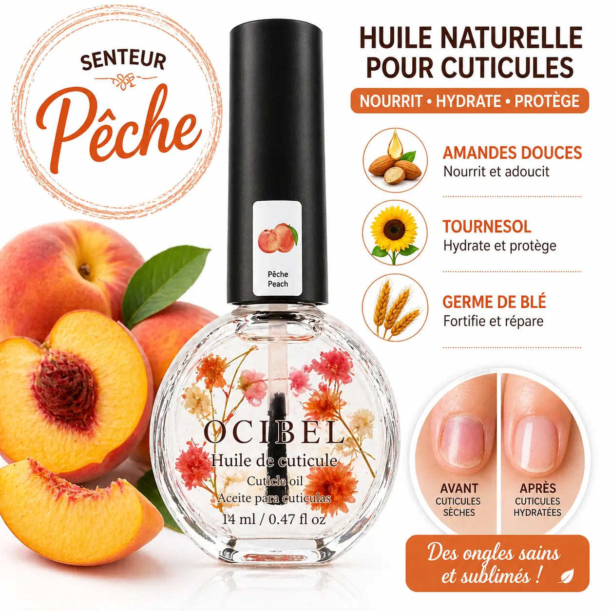 Huile pour Cuticules Senteur Pêche Premium 14 ml avec Fleurs – Soin Nourrissant et Hydratant pour Ongles – Huiles Naturelles Amande Douce, Tournesol, Germe de Blé – Réparation Cuticules
