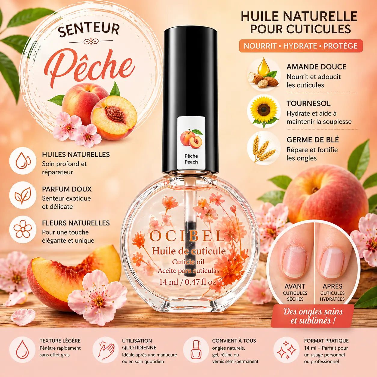 Huile pour Cuticules Senteur Pêche Premium 14 ml avec Fleurs – Soin Nourrissant et Hydratant pour Ongles – Huiles Naturelles Amande Douce, Tournesol, Germe de Blé – Réparation Cuticules
