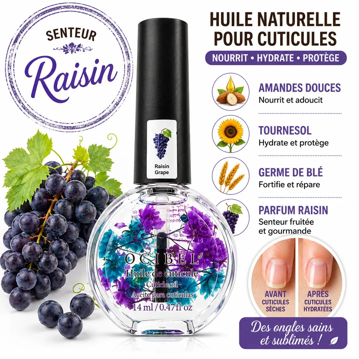 Huile pour Cuticules Senteur Raisin Premium 14 ml avec Fleurs – Soin Nourrissant et Hydratant pour Ongles – Huiles Naturelles Amande Douce, Tournesol, Germe de Blé – Réparation Cuticules