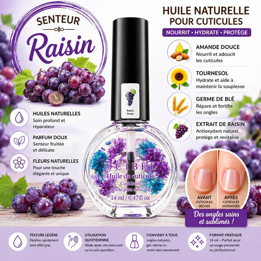 Huile pour Cuticules Senteur Raisin Premium 14 ml avec Fleurs – Soin Nourrissant et Hydratant pour Ongles – Huiles Naturelles Amande Douce, Tournesol, Germe de Blé – Réparation Cuticules