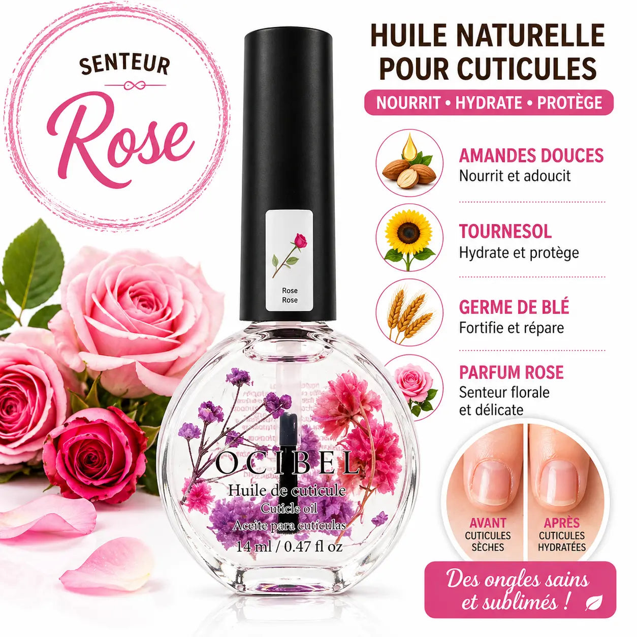 Huile pour Cuticules Senteur Rose Premium 14 ml avec Fleurs – Soin Nourrissant et Hydratant pour Ongles – Huiles Naturelles Amande Douce, Tournesol, Germe de Blé – Réparation Cuticules