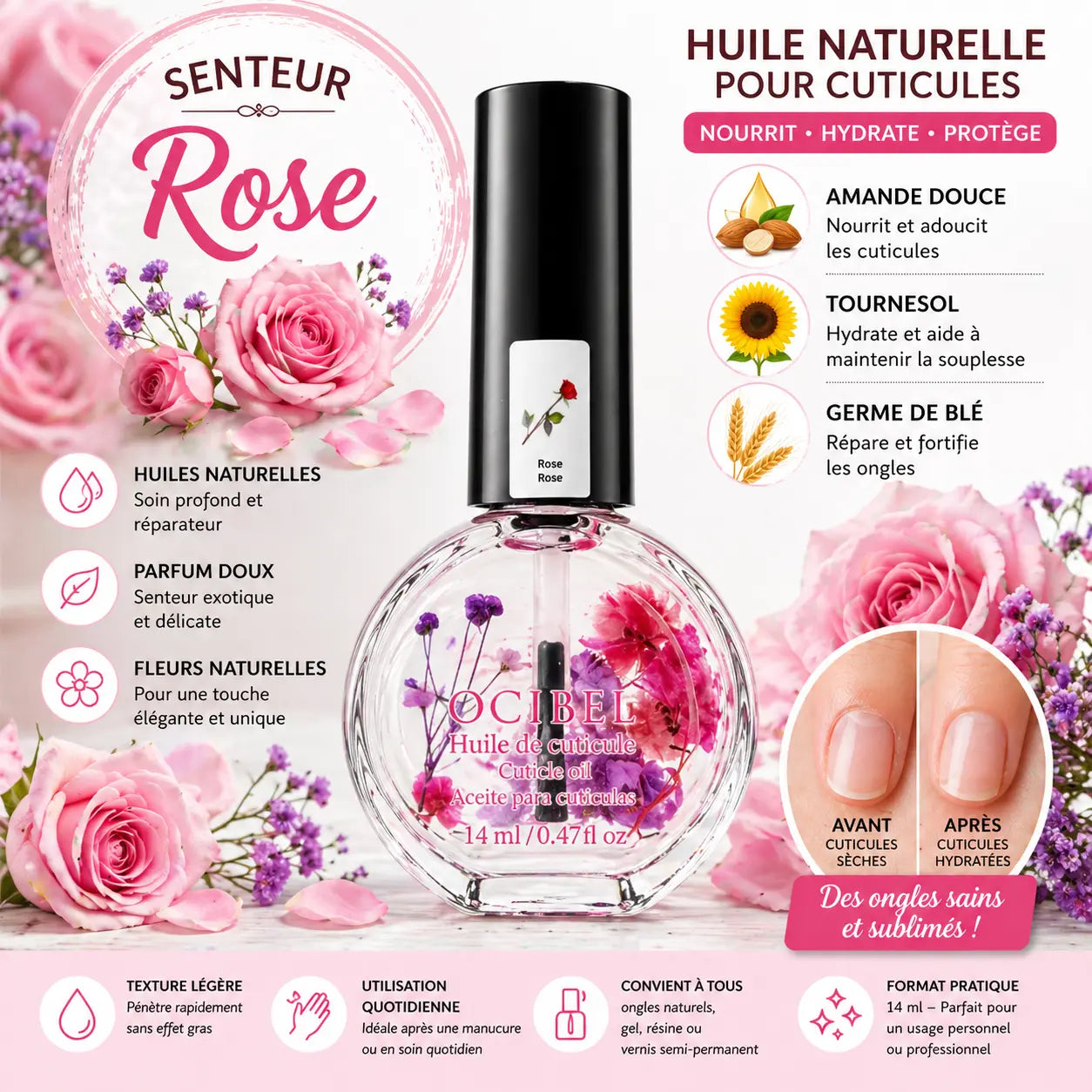 Huile pour Cuticules Senteur Rose Premium 14 ml avec Fleurs – Soin Nourrissant et Hydratant pour Ongles – Huiles Naturelles Amande Douce, Tournesol, Germe de Blé – Réparation Cuticules