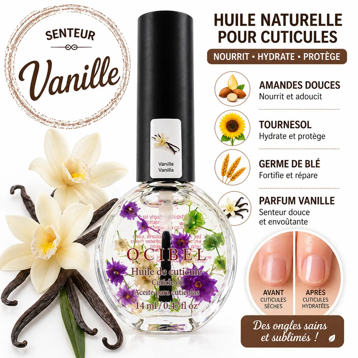 Huile pour Cuticules Senteur Vanille Premium 14 ml avec Fleurs – Soin Nourrissant et Hydratant pour Ongles – Huiles Naturelles Amande Douce, Tournesol, Germe de Blé – Réparation Cuticules