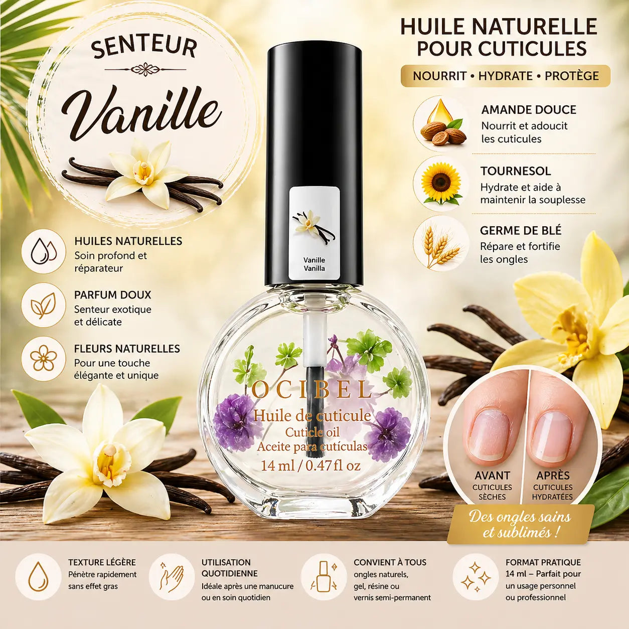 Huile pour Cuticules Senteur Vanille Premium 14 ml avec Fleurs – Soin Nourrissant et Hydratant pour Ongles – Huiles Naturelles Amande Douce, Tournesol, Germe de Blé – Réparation Cuticules