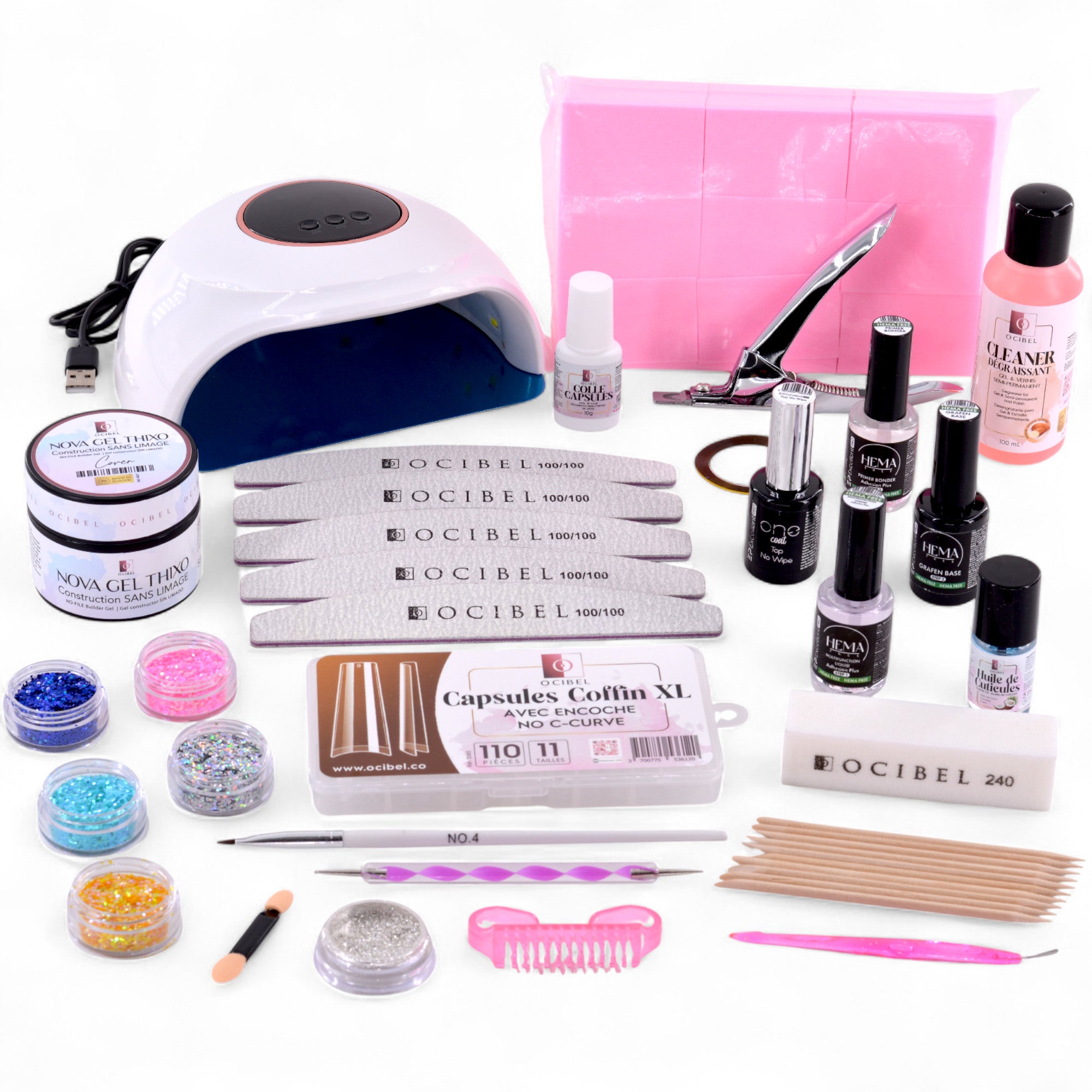 Kit Ongles Complet L’Essentiel – Gel de Construction Sans Limage, Lampe 72 W, Accessoires et Soins OCIBEL