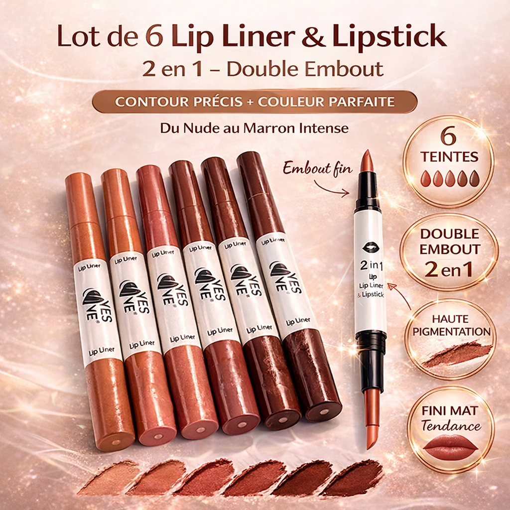 Lot 6 Lip Liner & Lipstick 2 en 1 Double Embout – Crayon Contour Lèvres & Rouge à Lèvres Mat Haute Pigmentation Nude à Marron OCIBEL