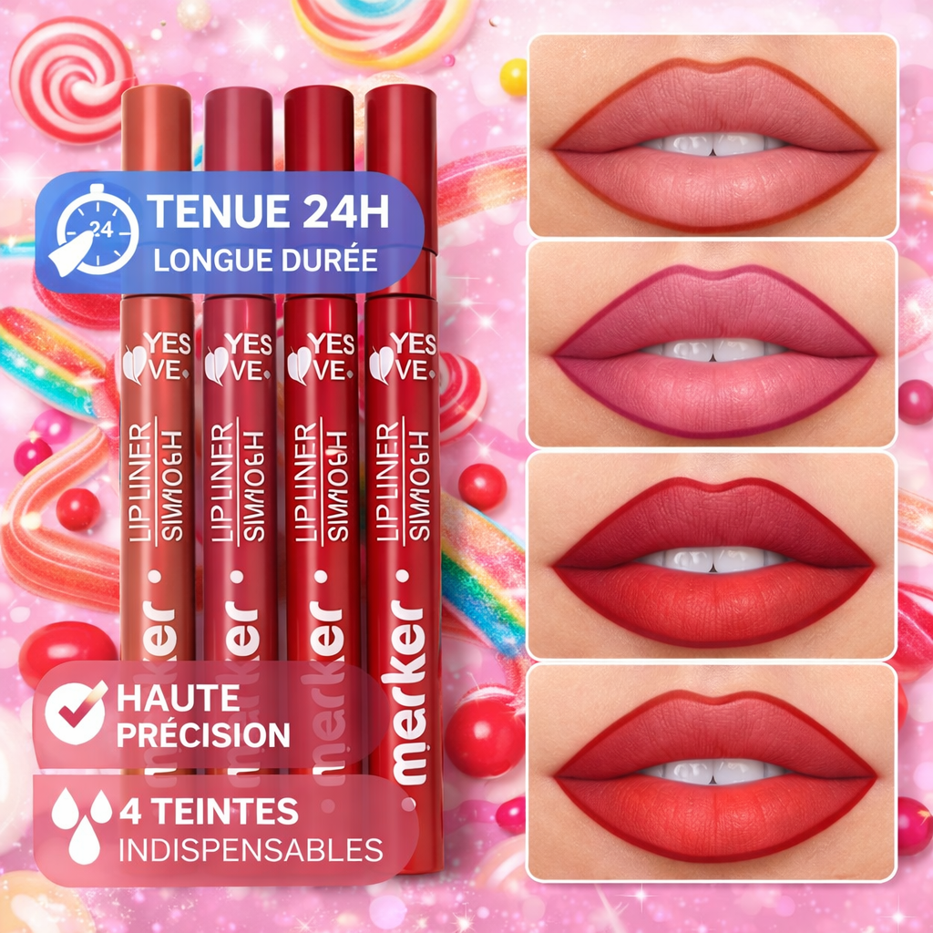 Lot de 4 Feutres Contour des Lèvres 24H – Longue Tenue – Haute Précision – Couleurs Intenses – Sans Transfert – Résistant & Sans Bavure OCIBEL