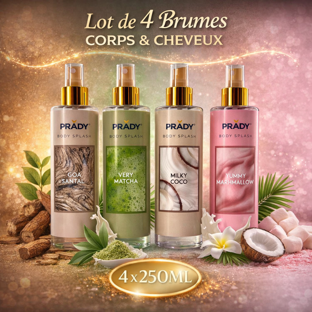 Lot de 4 brumes corps et cheveux PRADY 250 ml – Goa Santal, Very Matcha, Milky Coco, Yummy Marshmallow – Body Splash femme parfum léger gourmand solaire longue tenue OCIBEL
