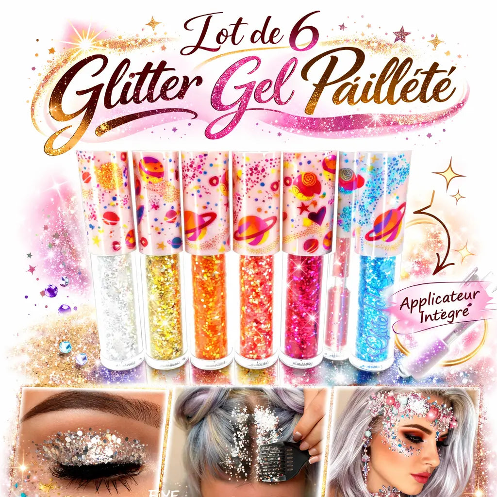 Lot de 6 Glitter Gel Pailleté 4 ml – Yeux, Visage, Lèvres & Cheveux – Applicateur Intégré – Maquillage Festival & Soirée - Nuances #2 OCIBEL