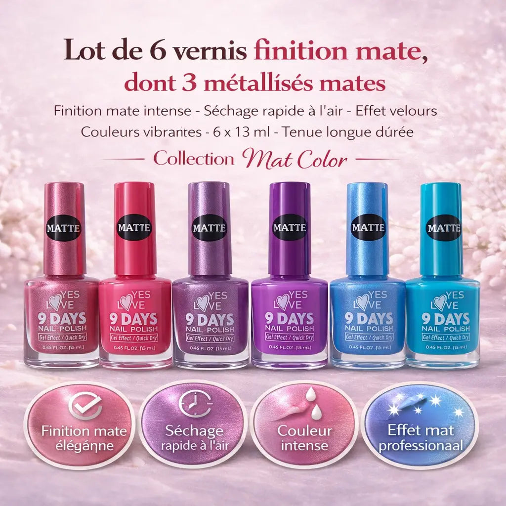Lot de 6 Vernis à Ongles Effet Mat dont 3 Métallisés - 6 x 13 ml – Finition Sans Brillance – Séchage Rapide – Haute Pigmentation – Tendance Manucure Moderne OCIBEL