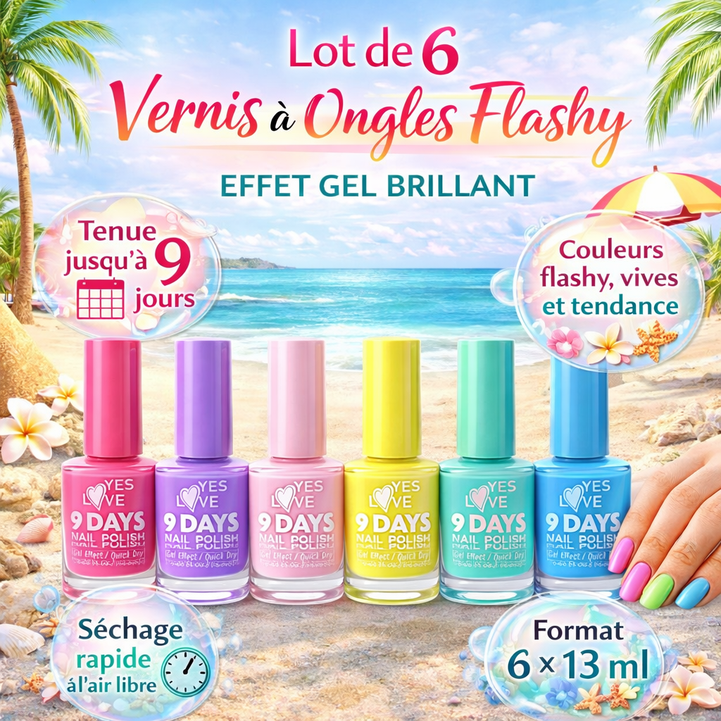 Lot de 6 Vernis à Ongles Flashy 6 x 13 ml – Effet Gel Brillant – Tenue 9 Jours – Séchage Rapide – Couleurs Vives Été – Finition Professionnelle OCIBEL