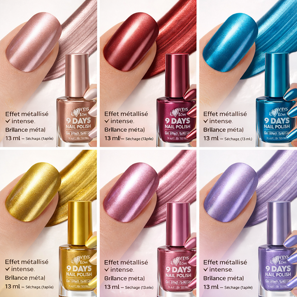 Lot de 6 Vernis à Ongles Métallisés Effet Gel – Longue Tenue 9 Jours – Brillance Intense – Séchage Rapide – Couleurs Tendances Modernes et Classiques – Haute Couvrance OCIBEL