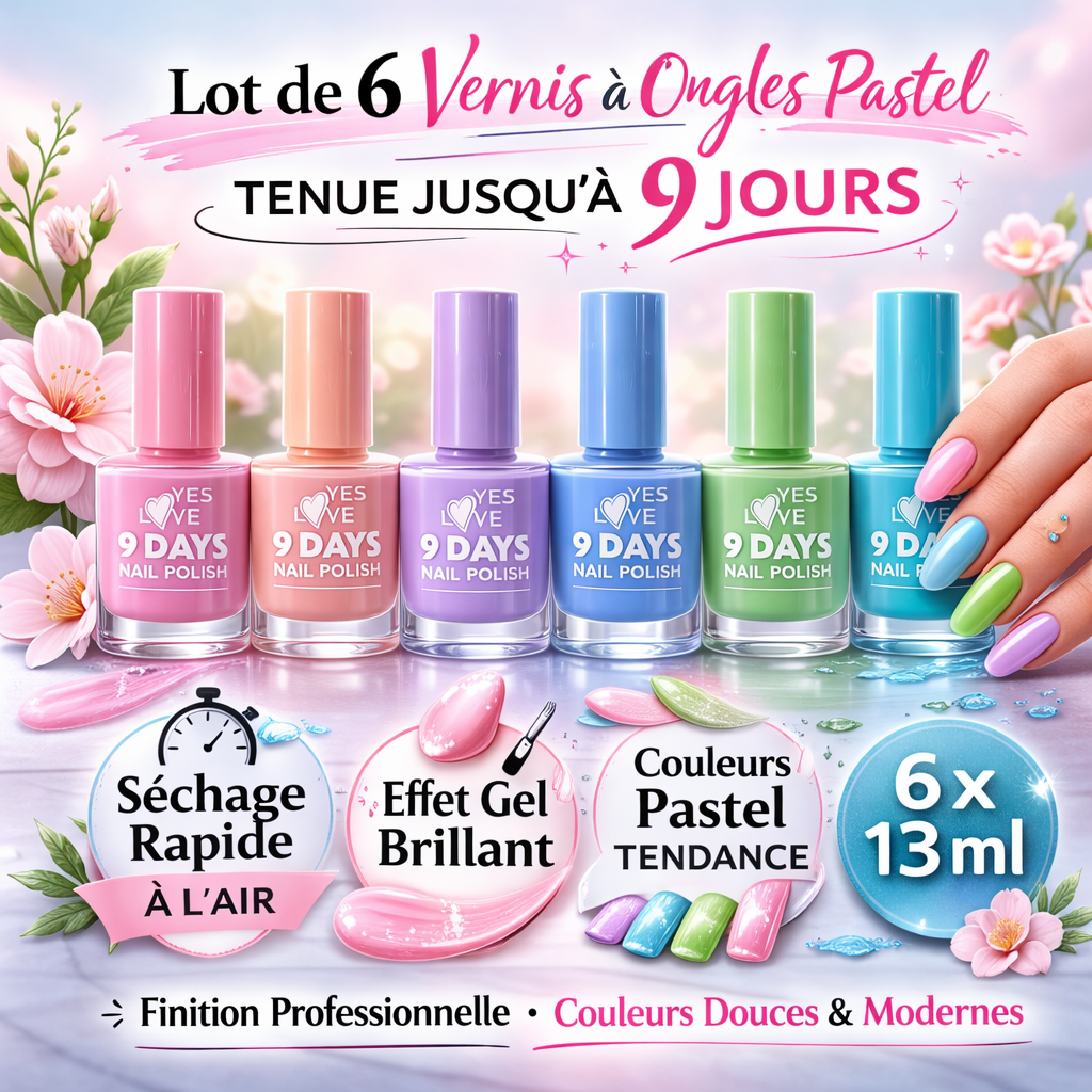 Lot de 6 Vernis à Ongles Pastel 6 x 13 ml – Longue Tenue 9 Jours – Effet Gel Brillant – Séchage Rapide – Couleurs Douces Tendance – Finition Professionnelle OCIBEL