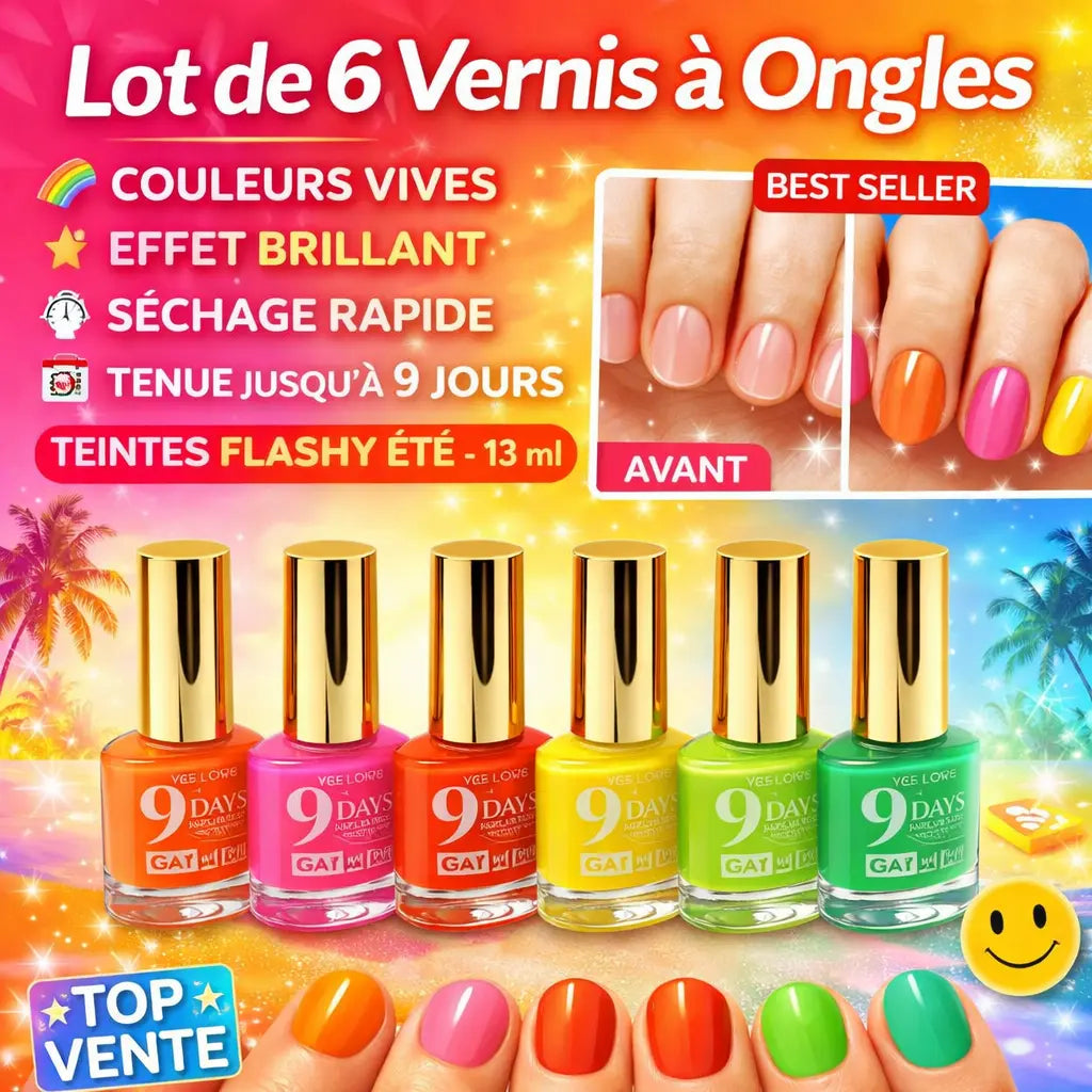 Lot de 6 vernis à ongles couleurs vives – effet brillant – séchage rapide – tenue jusqu’à 9 jours – teintes flashy été – 13 ml